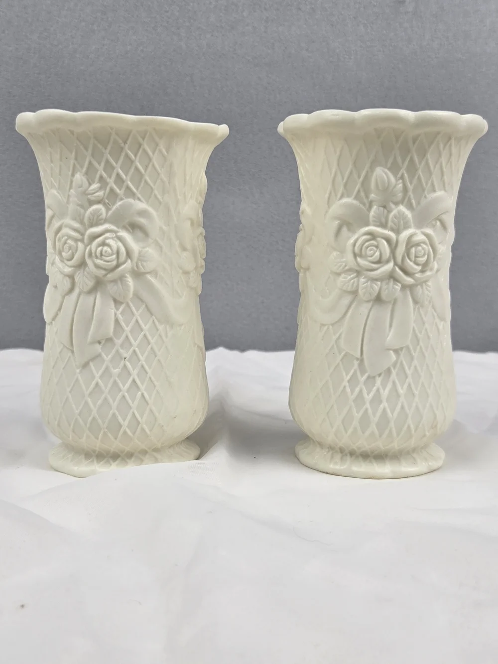 Pair of Vintage Porcelain Bisque Rose & Lattice Vases